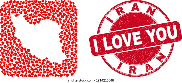 Vector collage Iran map of love heart items and grunge love seal stamp. Collage geographic Iran map constructed as carved shape from rounded square shape with lovely hearts.