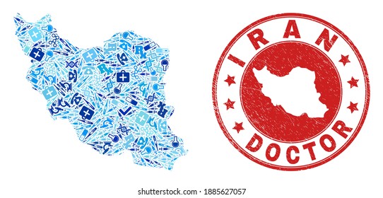 Vektorgrafik sammelt die iranische Karte mit Impfstoffsymbolen, chemischen Symbolen und grunge Gesundheitskautschuk-Imitation. Roter Runddruck mit Gummi-Textur und Iran-Karte Bildunterschrift und Karte.