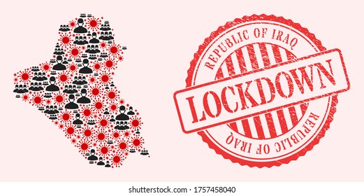 Vector collage Iraq map of corona virus, masked people and red grunge lockdown stamp. Virus elements and people in masks inside Iraq map. Red imprint with grunge rubber texture and LOCKDOWN word.