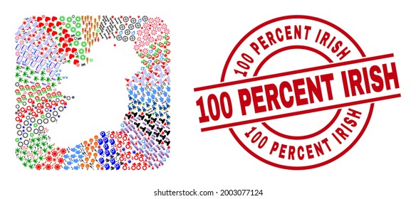 Vector collage Ireland Island map of different symbols and 100 Percent Irish seal. Collage Ireland Island map created as hole from rounded square. Red round seal with 100 Percent Irish tag.