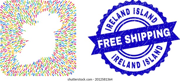 Collage de vectores de Irlanda Mapa de flechas afuera y placa de goma de envío libre. Collage Ireland Island map creado como galería de símbolos a partir de una forma cuadrada redondeada con flechas de puntero.