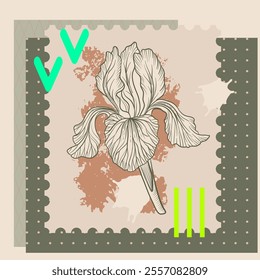 vector collage with iris flower and neon color elements,, creative composition with sketch of owl and butterfly