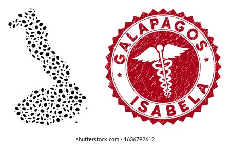 Vector collage Isabela Island of Galapagos map and red rounded grunge stamp seal with medicine symbol. Isabela Island of Galapagos map collage designed with elliptic spots.