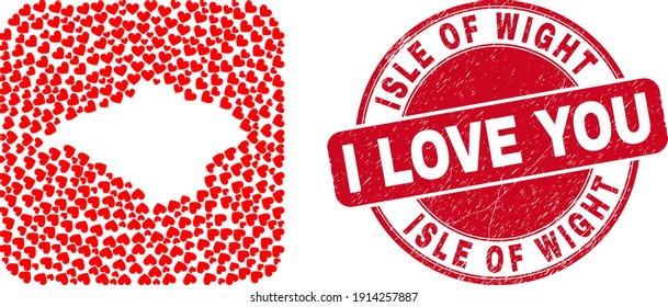 Collage vectorial Isle of Wight mapa de objetos del corazón de amor y estampado de amor en grunge. Mapa de la Isla de Wight geográfico de Collage construido como forma tallada de forma cuadrada redondeada usando corazones valentinos.