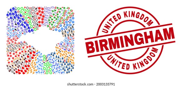 Vector collage Isle of Wight map of different pictograms and United Kingdom Birmingham badge. Collage Isle of Wight map designed as subtraction from rounded square shape.