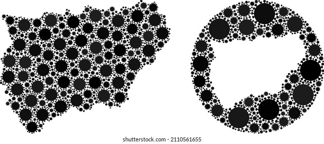 Vector Collage Jaen Spanish Province Map Of Flu Virus Items. Mosaic Geographic Jaen Spanish Province Map Created As Hole From Circle With Flu Virus Icons In Black Color Hues.