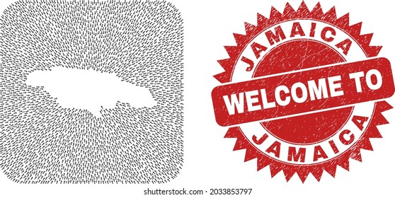 Vector collage Jamaica map of direction arrows and grunge Welcome badge. Collage geographic Jamaica map designed as hole from rounded square with direction arrows.