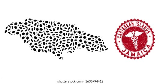 Vector collage Jamaica map and red round grunge stamp watermark with caduceus icon. Jamaica map collage composed with ellipse spots. Red round doctor seal stamp, with grunge texture.