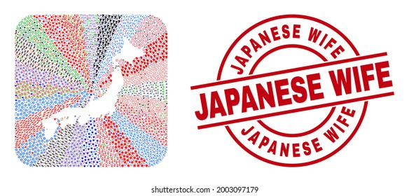 Vector collage Japan map of different symbols and Japanese Wife seal. Collage Japan map constructed as carved shape from rounded square shape. Red round watermark with Japanese Wife tag.