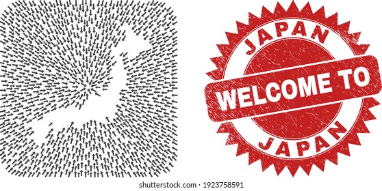 Vector collage Japan map of straight arrows and rubber Welcome seal. Collage geographic Japan map designed as hole from rounded square with delivery arrows.