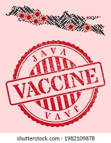 Vector collage Java Island map of SARS virus, inoculation icons, and red grunge vaccination stamp. Virus particles and injection particles inside Java Island map.