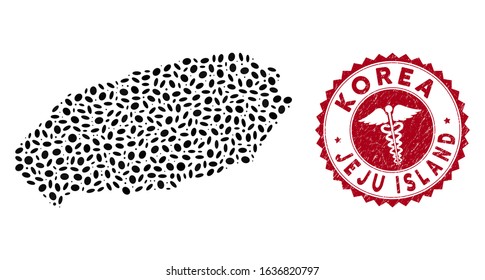 Vector collage Jeju Island map and red round rubber stamp seal with medical sign. Jeju Island map collage created with oval elements. Red round medical seal stamp, with scratched texture.