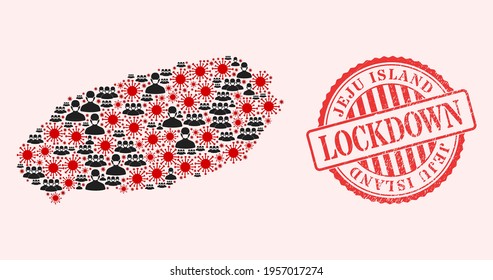 Mapa del virus de la gripe en el collage vectorial de la isla Jeju, hombres enmascarados y sello de bloqueo de grunge rojo. Elementos de virus y hombres enmascarados dentro del mapa de la isla de Jeju. Sello rojo con textura de caucho impura y palabra LOCKDOWN.