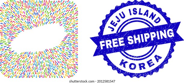 Vector collage Jeju Island map of motion arrows and rubber Free Shipping seal. Collage Jeju Island map created as subtraction from rounded square shape with delivery arrows.