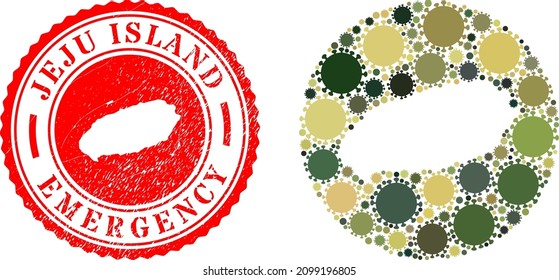 Vector sammelt Jeju Island Karte von Sars-Virus-Symbole und Grunge-EMERGENCY-Siegel Stempel.