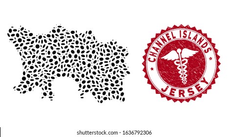 Vector collage Jersey Island map and red rounded grunge stamp watermark with medicine symbol. Jersey Island map collage constructed with ellipse elements. Red rounded healthcare stamp,