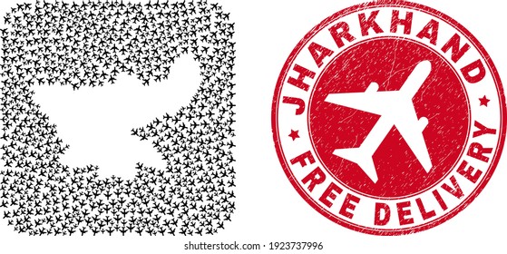 Vector collage Jharkhand State map of airplane items and grunge Free Delivery badge. Collage geographic Jharkhand State map designed as stencil from rounded square with flying out airplanes.