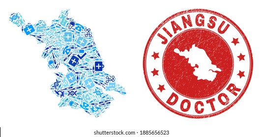 Vector collage Jiangsu Province map with injection icons, hospital symbols, and grunge healthcare stamp. Red round seal with grunge rubber texture and Jiangsu Province map text and map.