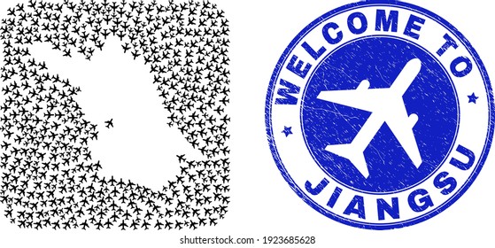 Vector collage Jiangsu Province map of air vehicle elements and grunge Welcome stamp. Collage geographic Jiangsu Province map created as subtraction from rounded square shape using air trips.