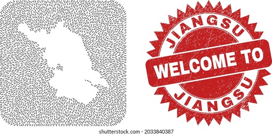 Vector collage Jiangsu Province map of pointer arrows and rubber Welcome badge. Collage geographic Jiangsu Province map created as hole from rounded square using navigation arrows.