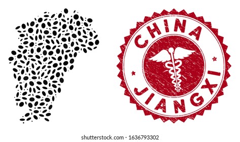 Vector collage Jiangxi Province map and red rounded grunge stamp watermark with serpents symbol. Jiangxi Province map collage formed with elliptic items. Red rounded healthcare seal stamp,