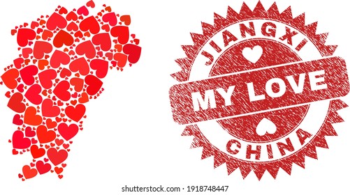 Collage vectorial provincia de Jiangxi mapa de los ítems del corazón de amor y moler el sello de My Love. Mapa de la provincia de Jiangxi geográfico mosaico construido con corazones de amor.