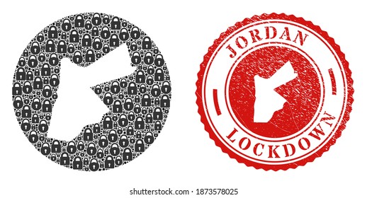 Vector collage Jordan map of locks and grunge LOCKDOWN seal stamp. Mosaic geographic Jordan map constructed as hole from circle with black locks.