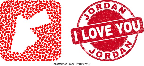 Vector collage Jordan map of lovely heart elements and grunge love seal stamp. Mosaic geographic Jordan map designed as hole from rounded square shape with valentine hearts.