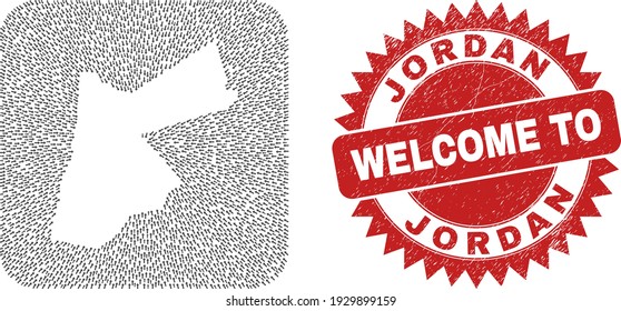 Vector collage Jordan map of straight arrows and rubber Welcome badge. Collage geographic Jordan map constructed as subtraction from rounded square shape with arrows.