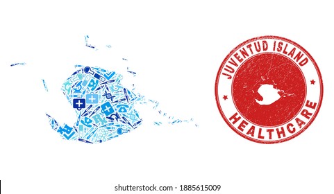 Vector collage Juventud Island map with medical icons, hospital symbols, and grunge doctor stamp. Red round stamp with scratched rubber texture and Juventud Island map text and map.