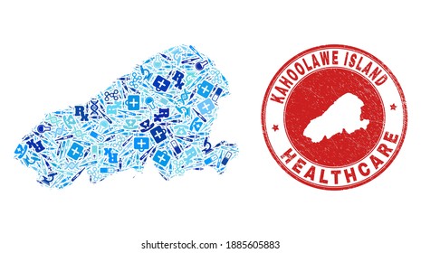 Vector collage Kahoolawe Island map with vaccination icons, hospital symbols, and grunge health care seal. Red round seal with grunge rubber texture and Kahoolawe Island map caption and map.