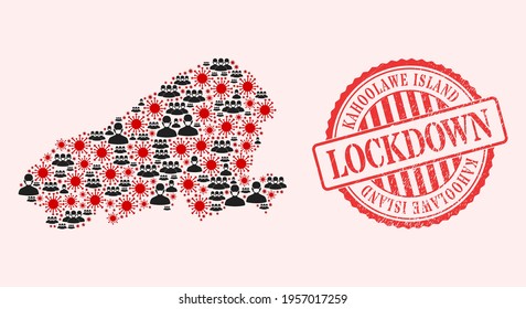 Vector collage Kahoolawe Island map of SARS virus, masked people and red grunge lockdown stamp. Virus particles and people in masks inside Kahoolawe Island map.