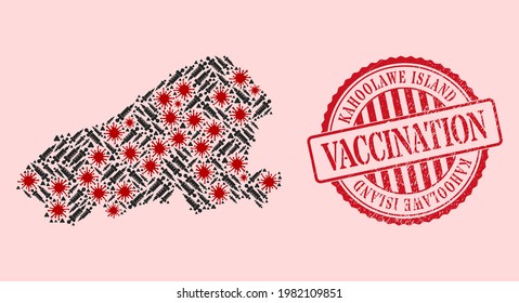 Vector collage Kahoolawe Island map of SARS virus, vaccination icons, and red grunge vaccination stamp. Virus elements and treatment particles inside Kahoolawe Island map.