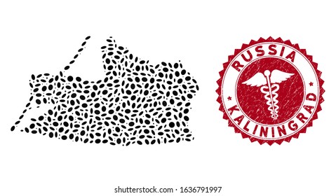 Vector collage Kaliningrad Region map and red rounded rubber stamp seal with medical symbol. Kaliningrad Region map collage composed with elliptic elements. Red rounded caduceus seal stamp,