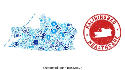 Vector collage Kaliningrad Region map of dose icons, labs symbols, and grunge health care watermark. Red round watermark with unclean rubber texture and Kaliningrad Region map word and map.