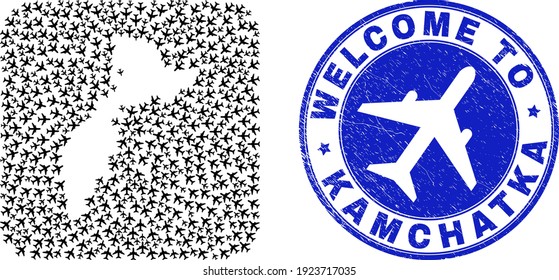 Vector collage Kamchatka map of airlines elements and grunge Welcome badge. Collage geographic Kamchatka map created as subtraction from rounded square shape with airlines.