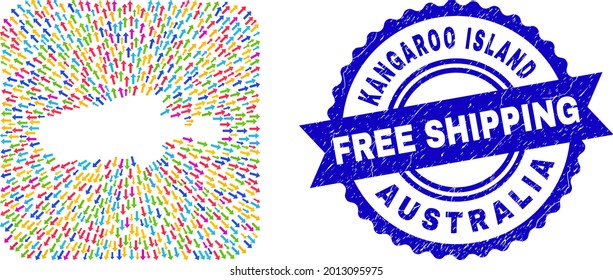Vector collage Kangaroo Island map of pointer arrows and rubber Free Shipping stamp. Collage Kangaroo Island map created as carved shape from rounded square shape with motion arrows.