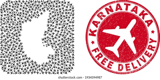 Vector collage Karnataka State map of air plane items and grunge Free Delivery stamp. Collage geographic Karnataka State map created as subtraction from rounded square with aviation items moving outward.