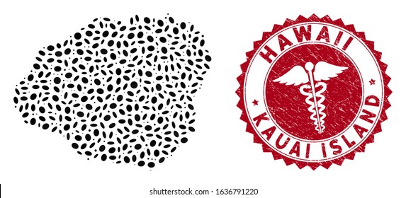 Vector collage Kauai Island map and red round corroded stamp watermark with clinic icon. Kauai Island map collage created with elliptic elements. Red rounded clinic seal stamp, with unclean texture.