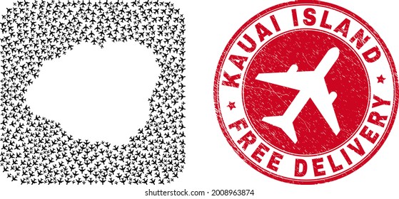 Vector collage Kauai Island map of air force items and grunge Free Delivery stamp. Mosaic geographic Kauai Island map designed as carved shape from rounded square shape with flying out air planes.