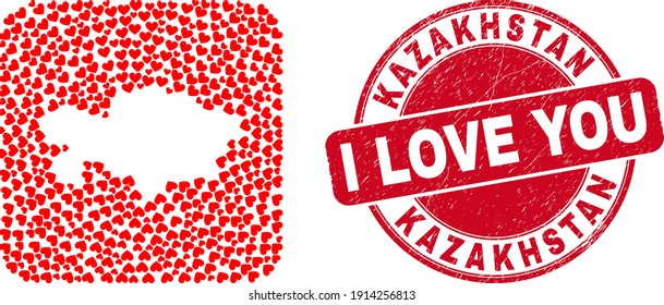Vector collage Kazakhstan map of love heart items and grunge love seal. Mosaic geographic Kazakhstan map created as carved shape from rounded square with lovely hearts.