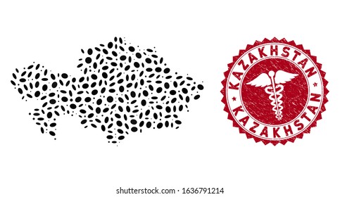 Vector collage Kazakhstan map and red round grunge stamp watermark with serpents icon. Kazakhstan map collage constructed with oval items. Red rounded serpents seal stamp, with grunge texture.