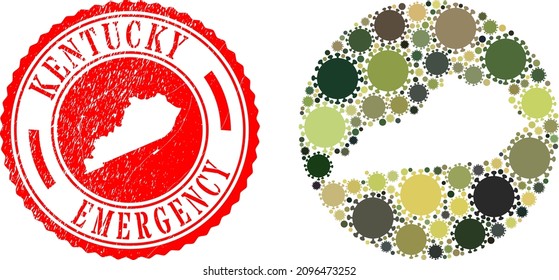 Vector collage Kentucky State map of virus outbreak items and grunge EMERGENCY seal.