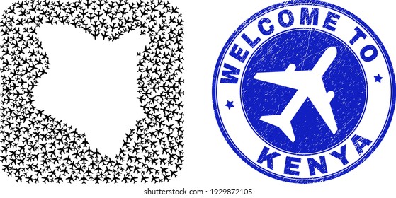 Vector collage Kenya map of airlines items and grunge Welcome seal stamp. Collage geographic Kenya map created as hole from rounded square shape with air vehicles.