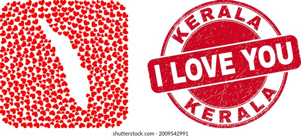 Vector collage Kerala State map of valentine heart elements and grunge love stamp. Collage geographic Kerala State map designed as carved shape from rounded square with love hearts.