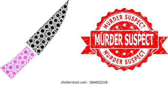 Vector collage knife of covid-2019 virus, and Murder Suspect unclean ribbon stamp seal. Virus elements inside knife collage. Red stamp has Murder Suspect tag inside ribbon.