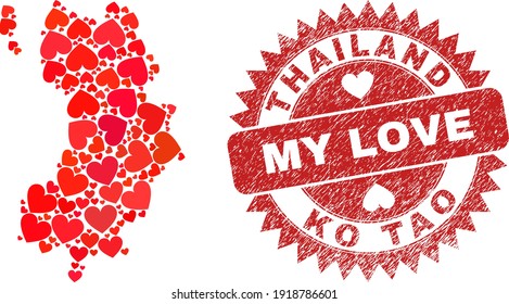 Vector collage Ko Tao map of valentine heart elements and grunge My Love stamp. Collage geographic Ko Tao map constructed with lovely hearts.