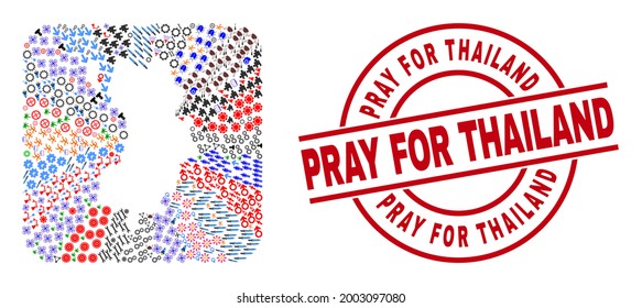 Vector collage Ko Tao map of different icons and Pray for Thailand seal. Collage Ko Tao map constructed as hole from rounded square shape. Red round seal with Pray for Thailand tag.