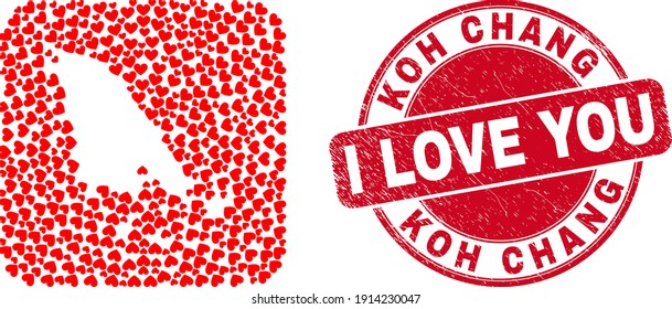 Vector collage Koh Chang map of lovely heart items and grunge love badge. Collage geographic Koh Chang map constructed as hole from rounded square using lovely hearts.