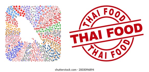 Vector collage Koh Chang map of different pictograms and Thai Food seal stamp. Collage Koh Chang map designed as hole from rounded square. Red round seal with Thai Food text.
